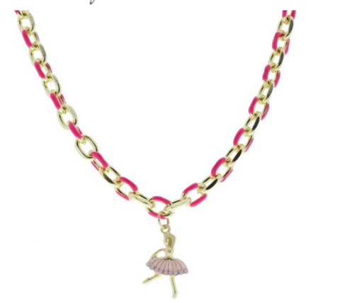 Hot Pink and Gold Chain with Ballerina Charm Necklace