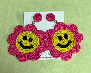 Pink/Yellow Smiley Face Flower Beaded Earrings