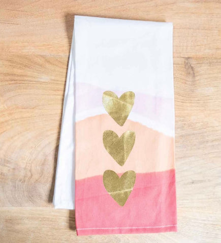 Watercolor/3 Gold Hearts Tea Towel
