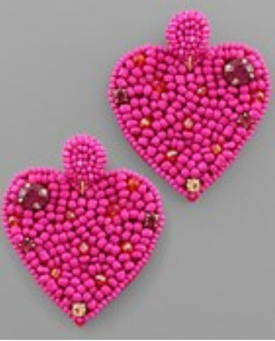Fuchsia and Rhinestone Beaded Heart Earrings