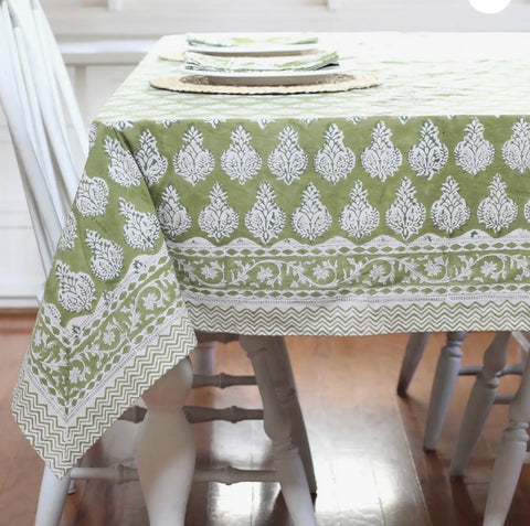 Olive Green Block Print Tablecloth (60 x 60)
