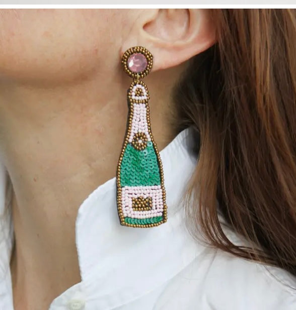 ClaireBella Pink/Green Beaded Champagne Bottle Earrings – The