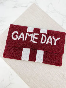 Maroon and White Game Day Beaded Clutch