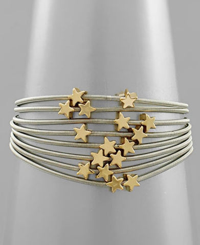 Silver Guitar String with Gold Star Beads Bracelet Set