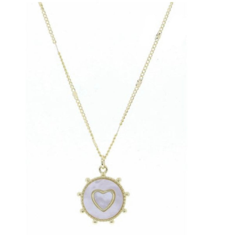 Gold Stud Pearlized Round Disc with Heart Necklace