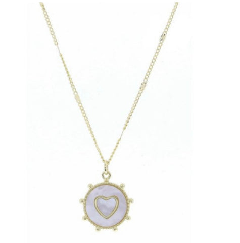 Gold Stud Pearlized Round Disc with Heart Necklace