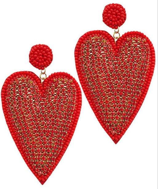 Red Rhinestone/Beaded Heart Earrings