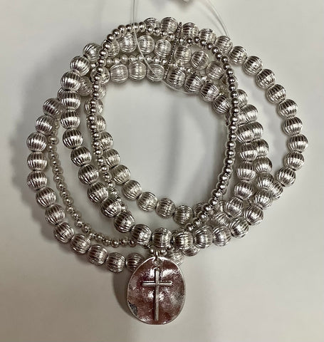 5- Strand Silver Beads with Cross Bracelet Set