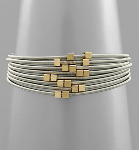 Silver Guitar String with Gold Cube Beads Bracelet Set