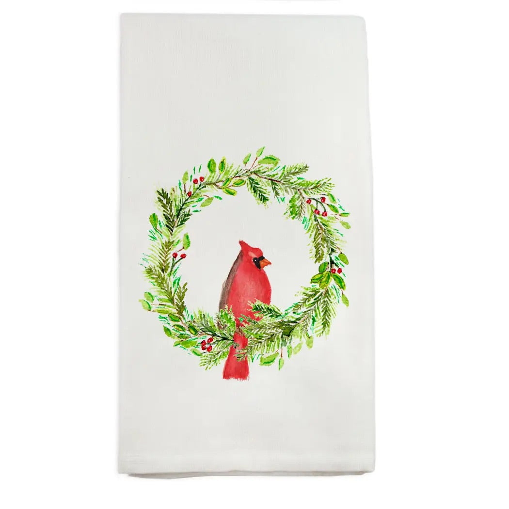 Cardinal in Wreath Tea Towel