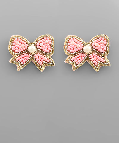 Pink Small Beaded Bow Earrings