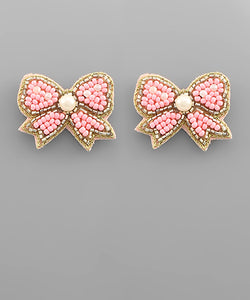 Pink Small Beaded Bow Earrings