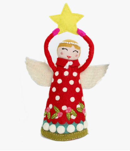 Red/White Polka Dot Felted Wool Angel with Star Tree Topper (Joy)