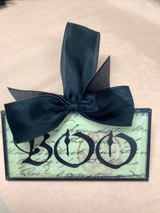 BOO Beveled Glass Ornament with Black Bow