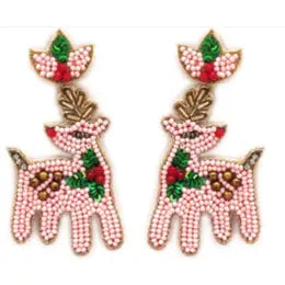 Pink Reindeer Beaded Earrings
