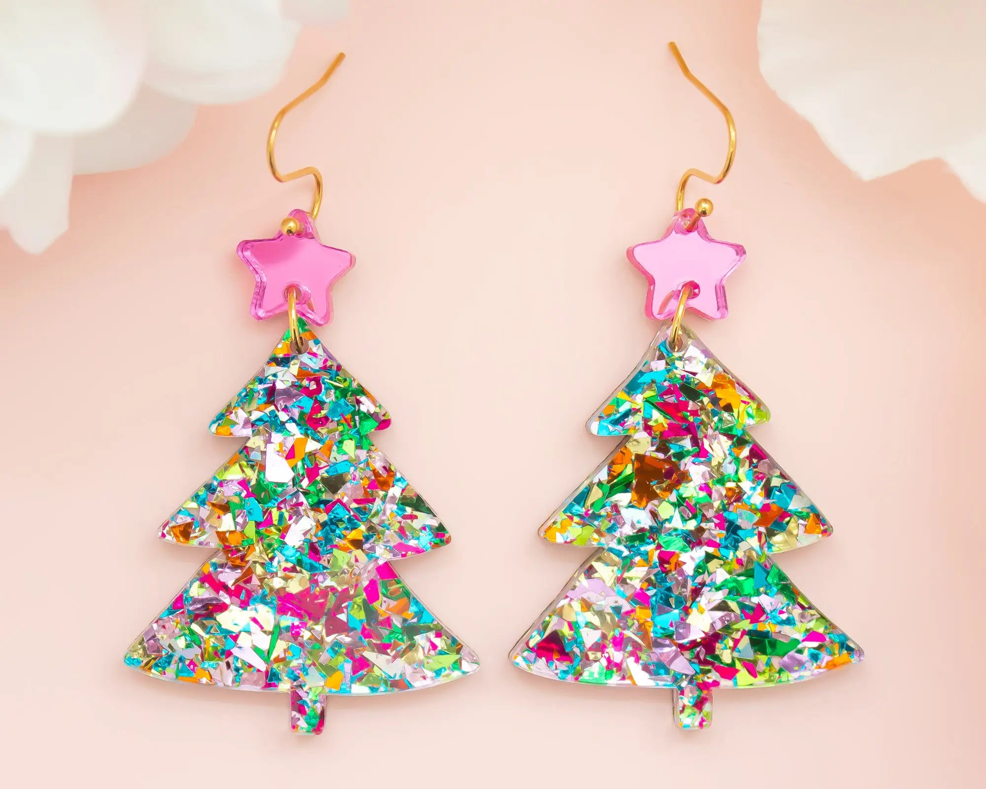 Multicolor Pink Star Acrylic Christmas Tree Earrings
