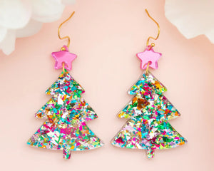 Multicolor Pink Star Acrylic Christmas Tree Earrings