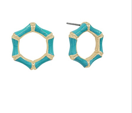 Teal Metal Bamboo Circle Earrings