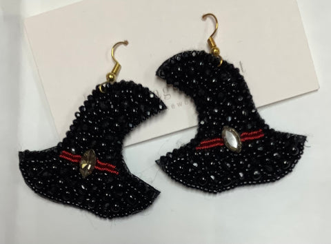 Black Beaded Witch Hat Earrings