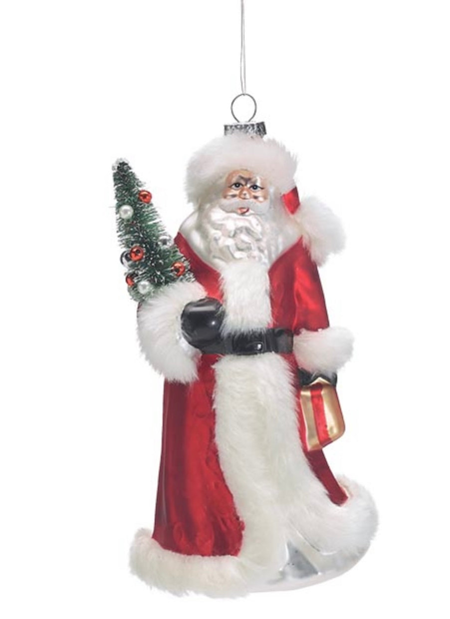 Handblown Father Christmas Ornament with White Fur