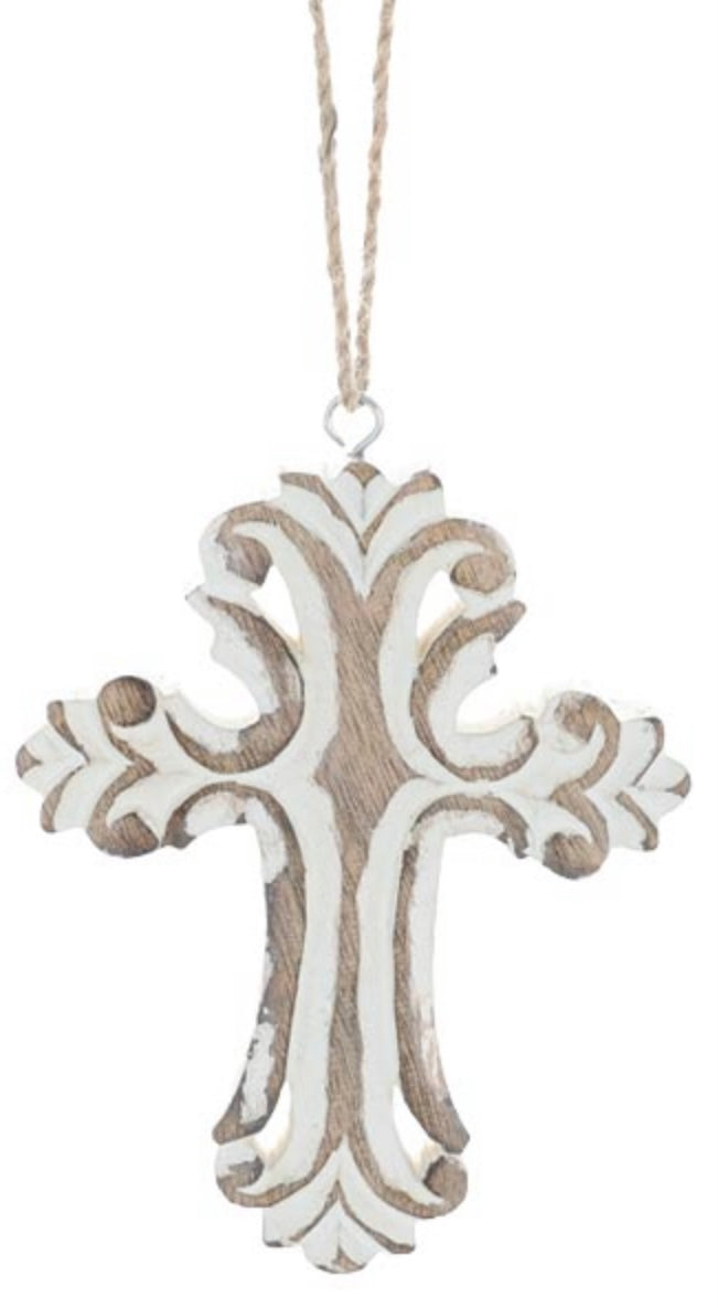 Carved Distressed Whited Wooden Cross Ornament