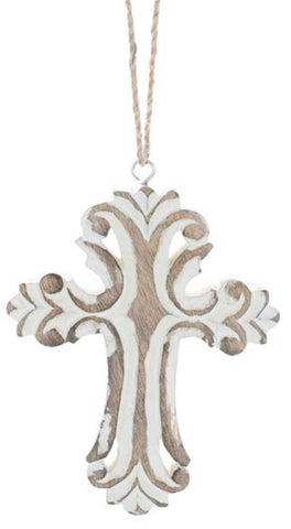 Carved Distressed Whited Wooden Cross Ornament