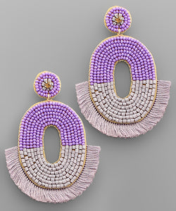 Purple Oval Beaded Tassel Earrings