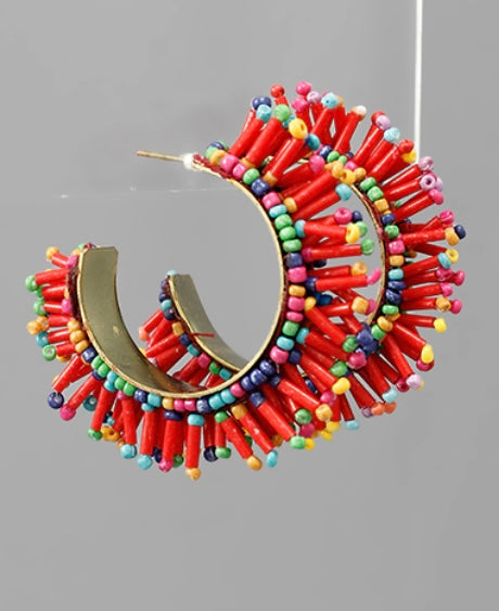 Multicolor Beaded Fringe Hoop Earrings