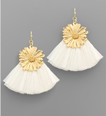 Gold Flower/White Fringe Earrings