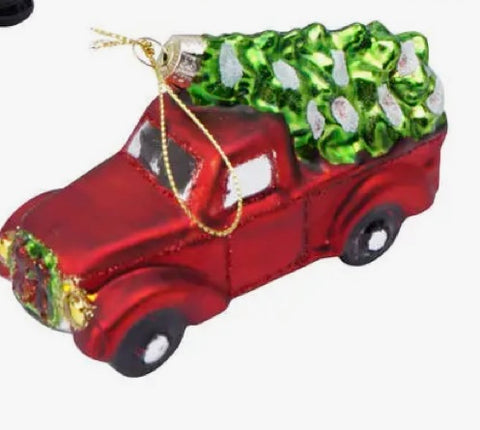 Old Truck with Christmas Tree Blown Glass Ornament