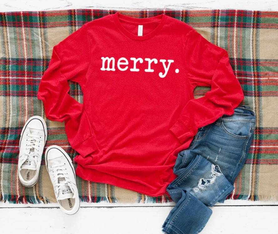 “merry.” Typewriter Print Red Long Sleeve T- Shirt - Small