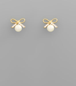 Pearl Tiny Gold Bow Earrings