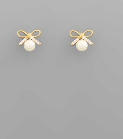 Pearl Tiny Gold Bow Earrings