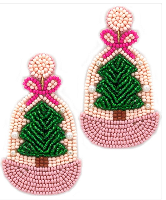 Pink/ Green Christmas Tree Globe Beaded Earrings