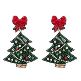 Christmas Tree red bow beaded earrings