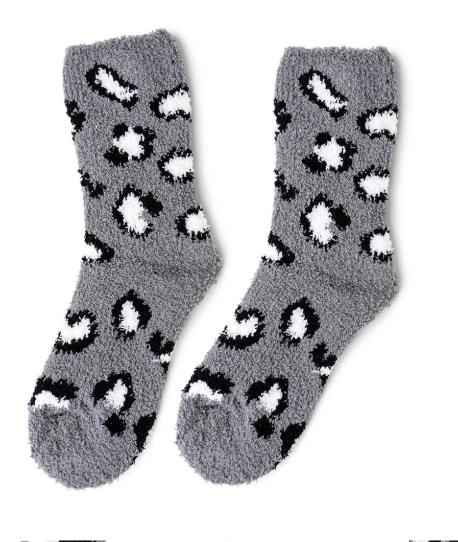 Gray Leopard Fuzzy Socks