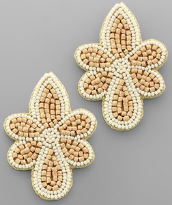 Ivory and Tan Beaded Stylized Flower Earrings