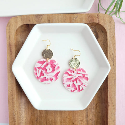 Pink and White Acrylic Circle Earrings