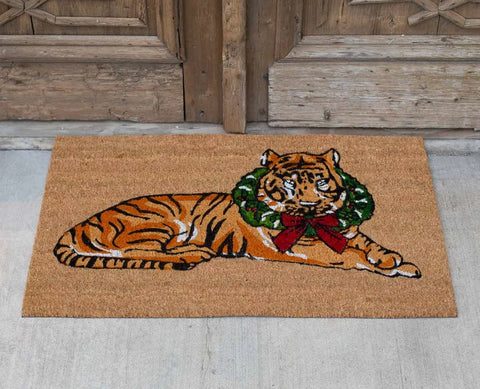 Tiger with Christmas Wreath Door Mat