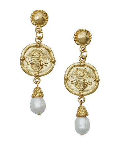Susan Shaw Gold Round Bee and Freshwater Pearl Earrings