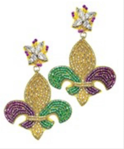 Mardi Gras Rhinestone/Beaded Fleur de Lis Earrings