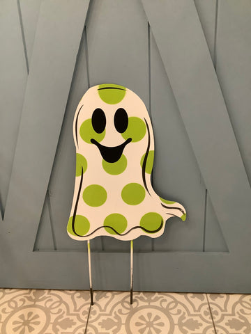 Lime Green Polka Dot Ghost Yard Stake