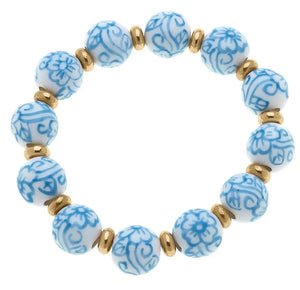 Blue and White Beaded Porcelain Stretch Bracelet